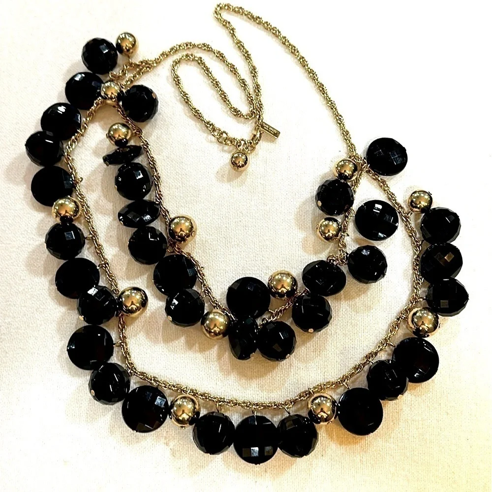 Kate Spade Double Strand Layered Faceted Black & Gold Bead Necklace 29”- EUC